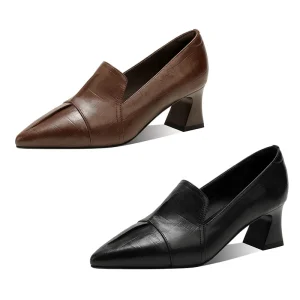 Women’s Summer Slip On Textured Genuine Leather Pumps Pointed Toe Mid Heel Loafer Comfortable Breathable Lightweight