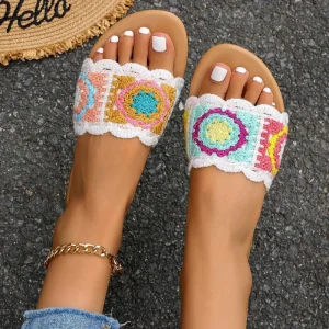 Women’s Summer Slippers Knitted Floral Slippers Round-Toe Open-Toe Flat Sandals