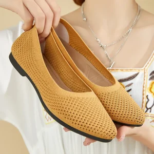 Women’s Summer Solid Color Pointed Toe Knit Slip-On Flat Shoes Casual Breathable Hollow Fabric Style Comfortable Flats
