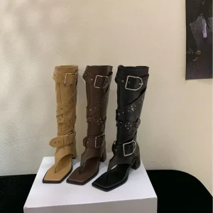 Women’s Summer Solid Pattern Knee-High Boots with Open Clip Toe Belt Metal Buckles Side Zipper Chunky Mid Heel Sandals Booties