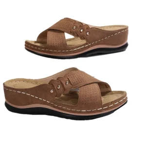 Women’s Summer Spring Peep Toe Wedge Heel Slippers 43 Yards Hollow Thick Bottom Insole Platform Heeled Comfortable PU