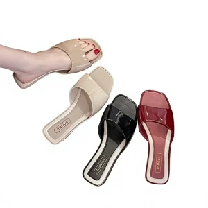 Women’s Summer Square Toe PVC Crystal Fashionable Versatile Outdoor Wear Non-Slip Mules