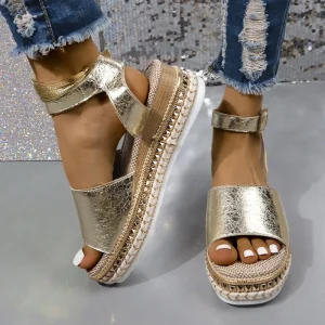 Women’s Summer Thick Soled Platform Sandals Plus Size Fashionable Shiny Fish Mouth Design Cross Border Fashionable Buckle
