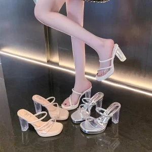 Women’s Summer Transparent Sandals Thick Heels Crystal Heels Outdoor Wear Ladies Slippers Plus Size