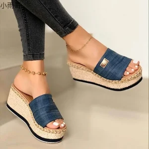Women’s Summer Type One Word Slippers With Fish Mouth and Foot Set Trendy Style Thick Bottom Slope Heel Slippers