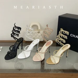 Women’s Summer Wedding & Party Split Leather Crystal Wrap Ankle Strappy Stiletto Heel High Heel Sandals
