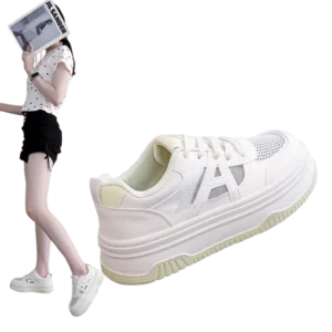Women’s Summer White Lace Up Chunky Sneakers Breathable Mesh Cushioning Running Shoes with Cotton Lining