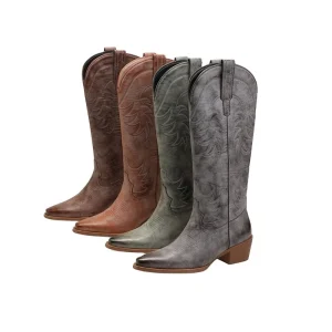 Women’s Summer Winter Western Cowboy Boots Pointed Toe Knee-High PU Leather Embroidered Details Anti-Slip Low Height Increasing