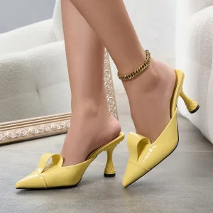 Women’s Summer Yellow High Heel Button Mules Pointed Toe Patent Leather Rhinestone Daily Wear Shoes