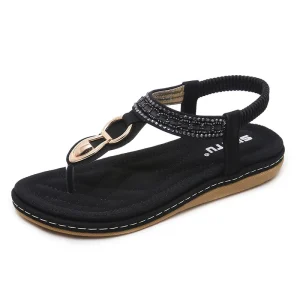 Womens T Strap Sandals Fashion Rhinestone Flat Sandal With Ankle Strap for Ladies Summers Dress Sandals Casual Woman Flip Flops