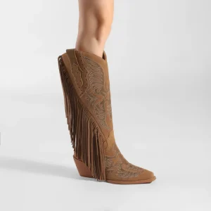 Women’s Tan Fringe Knee High Western Cowboy Boots with Embroidery Pointed Toe Block Heel Cowgirl Boots for Country Fashion