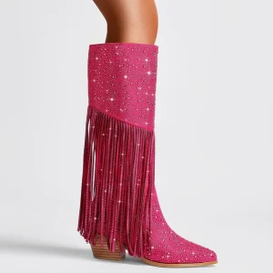 Women’s Tassel Rhinestone Embellished Square Toe Microfiber Leather Knee High Heel Boots Zip Closure Increasing Western