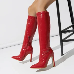 Women’s Thick Heel Mid Leg Elastic Inner Zipper Diamond Irregular Fashion Stone Pattern Pointed Toe Boots