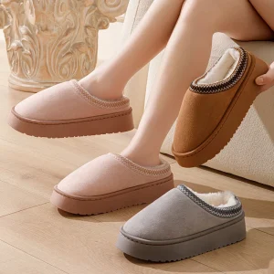 Women’s Thick Sole Winter Snow Boots Warm Cotton Slippers Closed Toe Fuzzy Plush Slippers