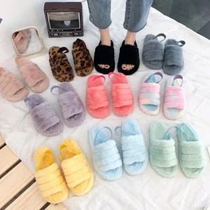 Women’s Thick Soled Furry Spring New Model Head Outdoor Rubber Outsole Artificial Short Plush Lining Elastic Band Home
