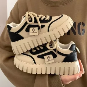 Women’s Thick-Soled Height-Enhancing Lace-Up Sneakers Fashionable Versatile White All Seasons Shoes