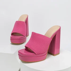 Women’s Thick Soled High Heeled Shoes Thick Heel Knitted Wool Fashion Slippers