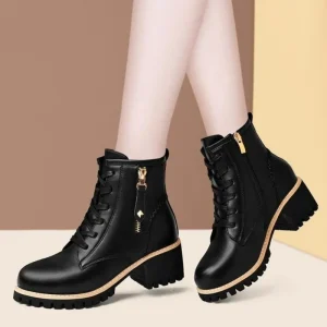 Women’s Thick Soled Middle Boots Comfortable Casual Warm Waterproof Leather Shoes for Autumn