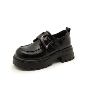 Women’s Thick Soled Round Toe Loafers Summer Winter Lightweight Buckle Closure Height Increase Leather Shoes