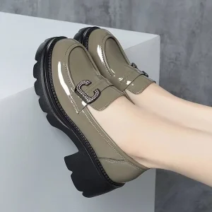 Women’s Thick Soled Solid Loafers Soft PU Upper Rubber Outsole Slip On Closure Elevated Wear Resistance Shock Absorption Spring