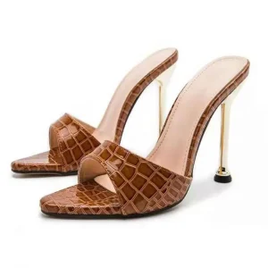 Women’s Thin Heels Party Fashion Metal Chain Casual Shoes Women Elegant High Heel Slippers for Ladies