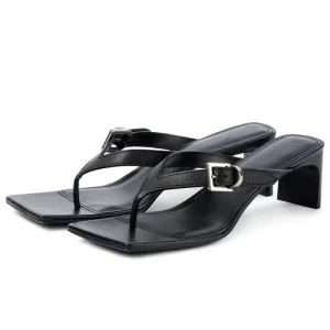Women’s Thong Mule Heels Square Toe Buckle Flip Flop Blade Heel Leather Slip On Sandals OEM Custom