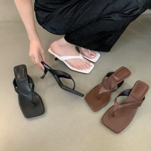 Women’s Thong Strap Kitten Heel Mules Square Toe Open Toe Slip-On Heeled Slide Sandals