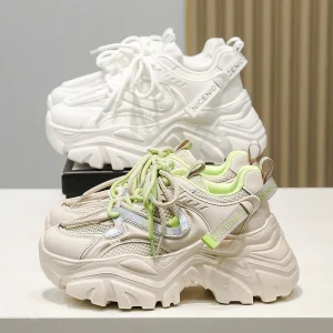 Women’s Toe Platform Shoes Durable Anti-Slip Breathable Lightweight Front Laces Mesh Upper Height Increasing Sneakers