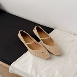 Women’s Toe Suede Slip-On Thick Heel Ballet Flats Lightweight Anti-Slip Breathable Height Increasing Dressy Comfortable White
