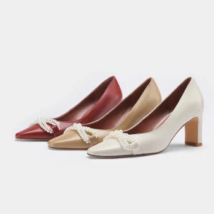 Women’s Traditional Wedding Party High Heel Shoes with Pearl Large Size Pointed Toe Slip-On Closure for Summer
