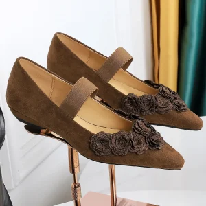 Women’s Trendy Pointed Dress Flat Suede Shoes for Casual Formal Elegant Flower Design Slip-On Lightweight for Spring Summer