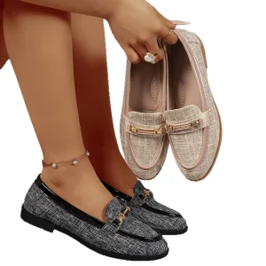 Women’s Tweed Loafers with Metal Buckle Elegant Slip-On Flats for Office & Daily Wear Affordable & High Quality