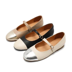 Women’s Two-Tone Cap Toe Mary Jane Flats Buckle Strap Leather Casual Shoes