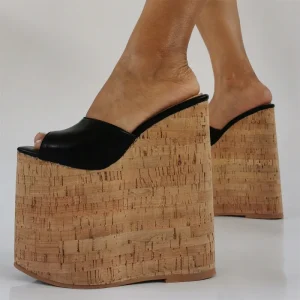 Women’s Ultra High Cork Platform Wedge Mules Peep Toe PU Leather Slip on Shoes for Party Casual Wear