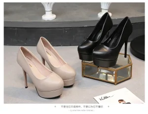 Womens Ultra High Thin Heel Waterproof Platform Breathable PU Leather Slip-On Closure Business Professional Casual High Heels
