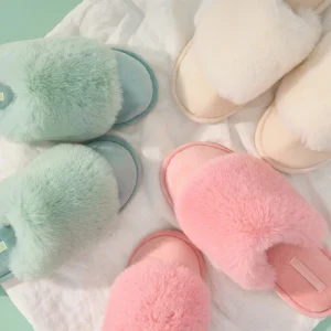 Women’s Ultra Soft House Slippers with Rabbit Fur Collar Memory Foam Cosy Luxe Indoor Mules