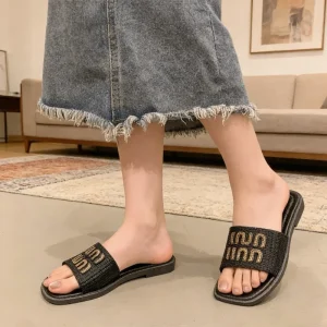 Women’s Vacation Woven One-Strap Breathable Cushioning Open Toe Slides Summer Outdoor Beach Shoes Mini Flat Sandals