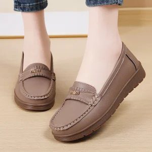 Women’s Versatile Breathable Slip-On Loafers Metal Buckle PU Upper Lightweight Comfortable Durable Evergreen Casual Shoes