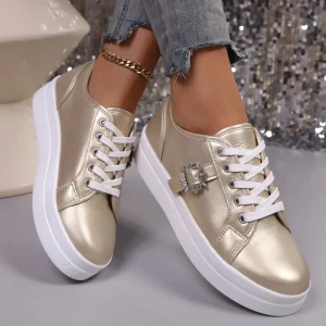 Women’s Versatile Platform Sneakers With Rhinestone Decor 4cm Height Increasing Lace Up Casual Shoes