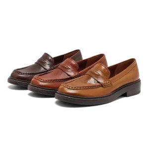 Women’s Vintage Burnished Penny Loafer Genuine Leather 5cm Square Toe Slip-On Low Heels Wedding Bridal Shoes with Insole