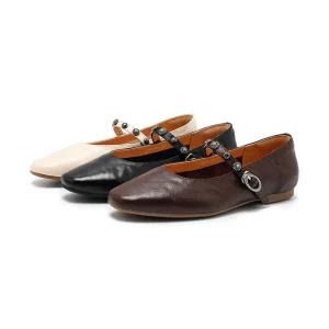 Women’s Vintage Distressed Genuine Leather Metal Buckle Mary Jane Flats Lightweight Soft for Autumn Spring Summer