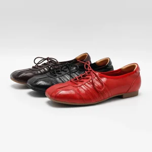 Women’s Vintage Distressed Lace-Up Square Toe Ballet Flats Light Weight Soft Spring Summer Autumn