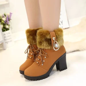 Women’s Vintage High Heel Ankle Boots Lace-Up Closed Toe Shoes Breathable for Autumn and Winter Season
