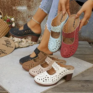 Women’s Vintage Hollow Out Heeled Mules Closed Toe Block Heel Clogs Sandals for Ladies