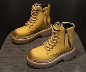 Womens Vintage Motorcycle Boots Retro Chunky Sole Ankle Boots PU Upper Waterproof Pull-On Versatile Short Combat Boots