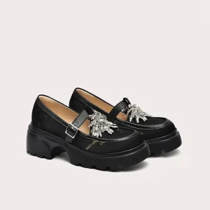Women’s Vintage Printed Loafers with Buckle Thick Soled Design Ladies Available in Small Sizes Classic Black Everyday Shoes