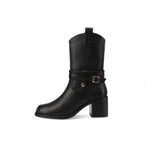 Women’s Vintage Style Cow Leather Fashion Boots Chunky Heels Sheepskin Lining Toe Midi Length Anti Slip Pull On Buckle