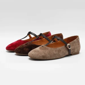 Women’s Vintage Suede T Strap Mary Jane Flats Anti Slippery Closed Toe Casual Work Shoes Comfortable Lightweight Genuine Leather