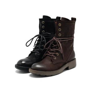 Women’s Vintage Workwear Lace-Up Strappy Calf Boots High Heel Rubber Outsole Winter Breathable
