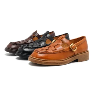Women’s Vintage Woven T Strap Buckle Flats Light Weight Soft Comfortable Shoes for Autumn Spring Summer